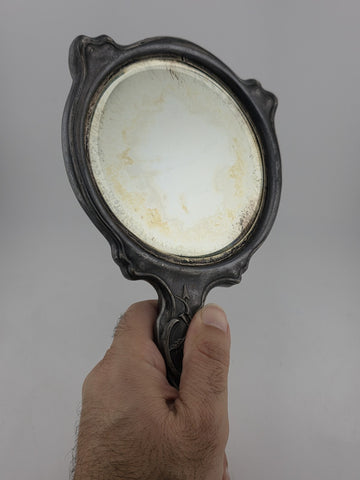 Antique Art Nouveau Silver Cupid Cherub Angel Figural Hand-Held Vanity Mirror