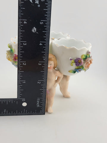 Antique Dresden Germany Porcelain Floral 3 Little Bowls w Figural Cherub Putti.