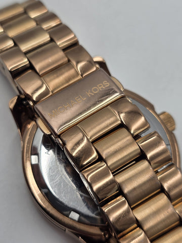 Michael Kors MK5494 Rose Gold Watch Mother of Pearl Dial Crystal Bezel 42mm Runs