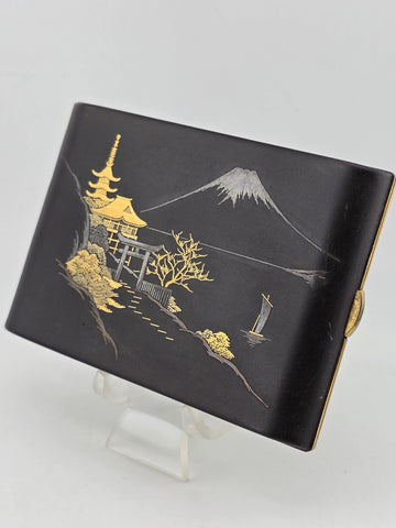 Antique AMITA Japanese Komai Damascene Mixed Metal Cigarette Case W Mount Fuji