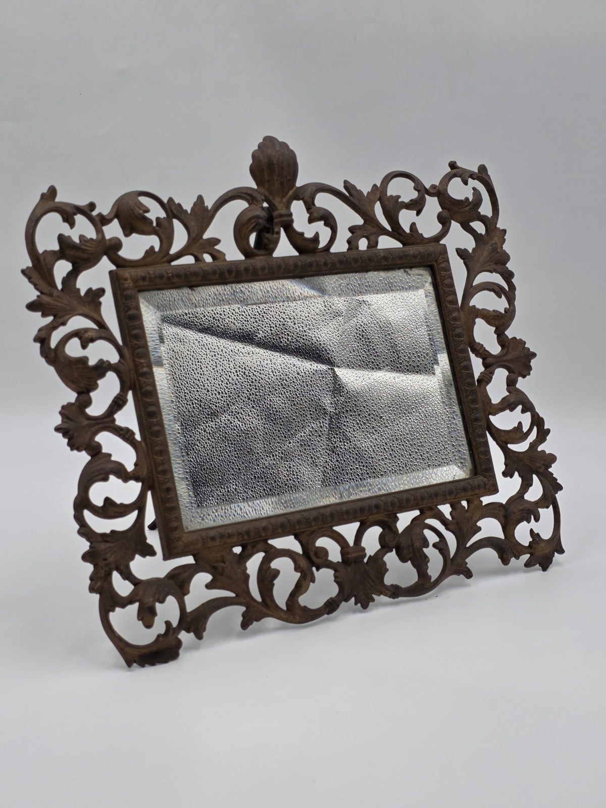 Antique Victorian Cast Iron Vanity Mirror Ornate Scrollwork Easel Frame C 1890.