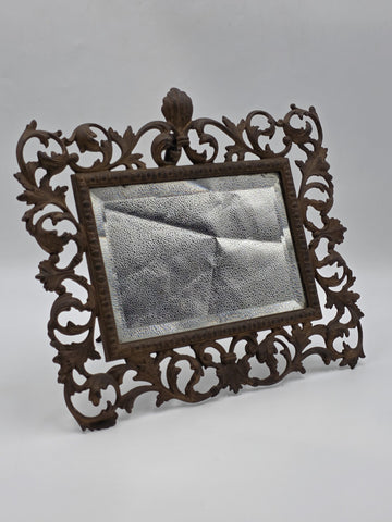 Antique Victorian Cast Iron Vanity Mirror Ornate Scrollwork Easel Frame C 1890.