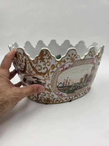 Chinese Export Porcelain Jardiniere C 1920 European Harbor Scene Gilt Cachepot