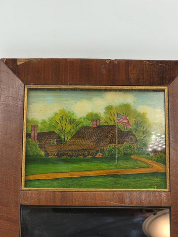 Antique 19th C American Empire Reverse Painted Glass Mahogany Divided Mirror