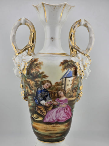 Antique 19thC Hand Painted Porcelain Vase Romantic Scene Gold Gilt Paris Style