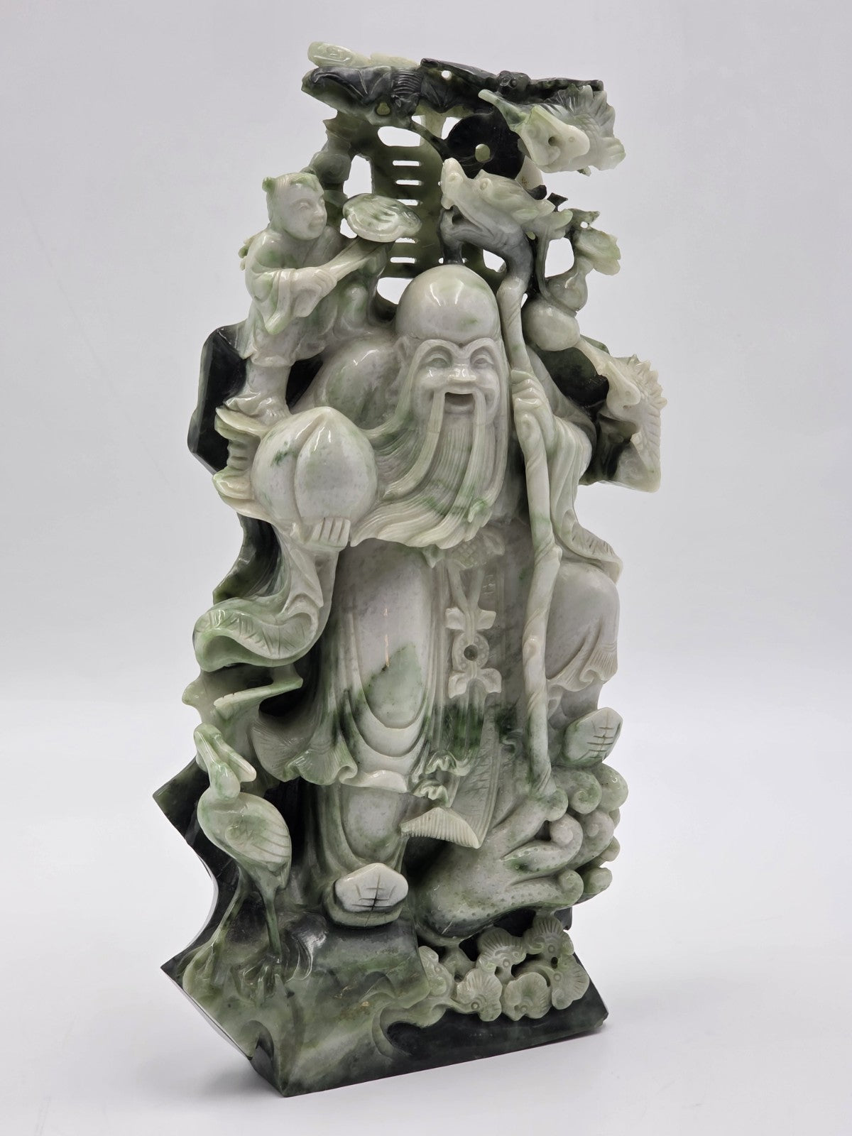 Chinese Hand Carved Natural Jadeite Jade Shou Xing Longevity Immortal Statue 12"