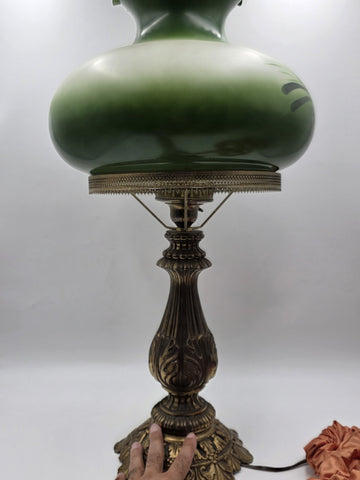 Antique Victorian Style Hurricane Lamp Electric Floral Shade Ornate Brass Base