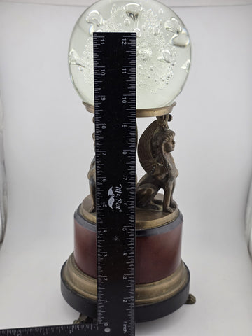 Antique Empire Revival Bronze Sphinx Jardiniere Stand on Marble Base W Glass Orb