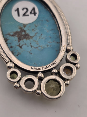 Vintage Large 925 Sterling Silver Turquoise Peridot Pearl Pendant Necklace. Read