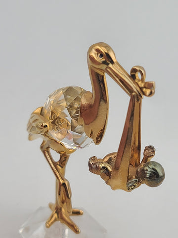 Rare Swarovski Crystal Stork Baby Figurine Gold Tone New Arrival Maternity Gift