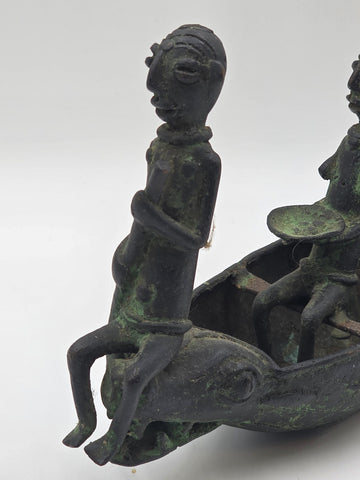 Authentic Mid Cent. 16" Benin Bronze Boat Sculpture African Tribal Lost Wax Art