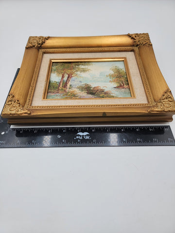 Vintage Mid-century Small Landscape Painting In Gold Wooden Frame. Artist Signed