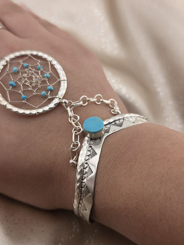 Vintage RB 925 Sterling Silver Turquoise Hand Chain Slave Bracelet Southwestern