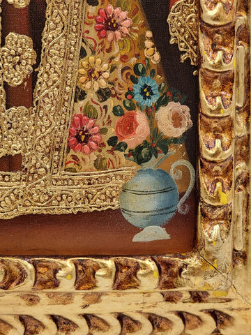 Gorgeous Estilo cuzqueño Painting "Red Madonna & Child " In Golden Wooden Frame.