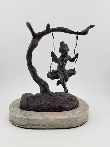 Antique Bronze Statue After Moreau Angel Swinging from Tree On A Marble Base.