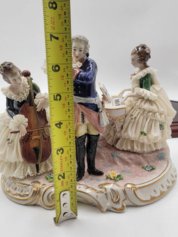 Antique 19th C Victorian Dersden Germany Laced Figurine Music Trio In Glass Dome