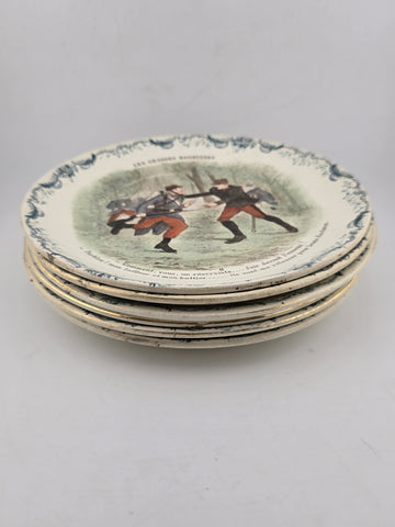 Set Of 6 ANTIQUE FRENCH TERRE DE FER PORCELAIN MILITARY PLATES. 7.5 Inch.