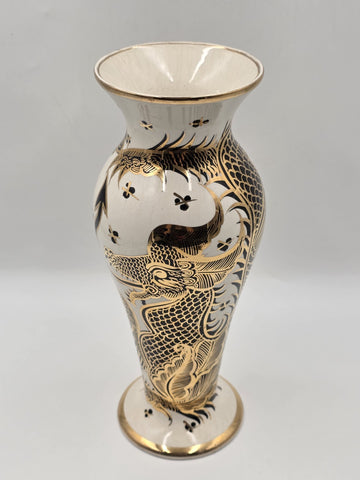 Vintage LOFISA POTTERY VASE 13 1/4" tall Cream w Black & Gold Dragon Theme.