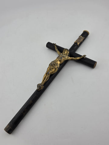 Rare Antique 19th C Crucifix Metal Jesus On Wood Cross W Rare Tips Memento.