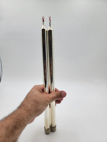 2 Mercury Glass Candlesticks Silver with Flame Tops Vintage. Good Condition.