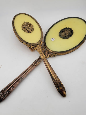 ANTIQUE 19th C Victorian 2-PIECE HANDHELD BRASS MIRROR & BRUSH SET Yellow Enamel