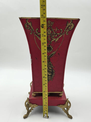 Antique 1940 Hollywood Regency Red Gold Toleware Planter Cachepot Louis XV Style