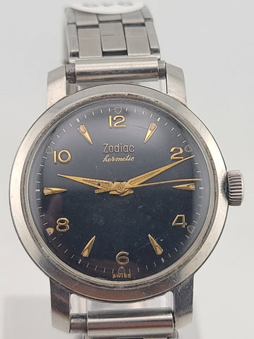 Vintage 1950 Zodiac Hermetic Swiss Black Dial Gilt Numerals Manual Watch. Works