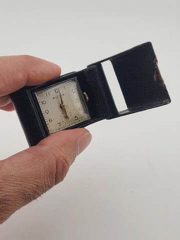 Antique Bulova 10AE In 1937 German Weppler Case Miniature Travel Clock. Works.