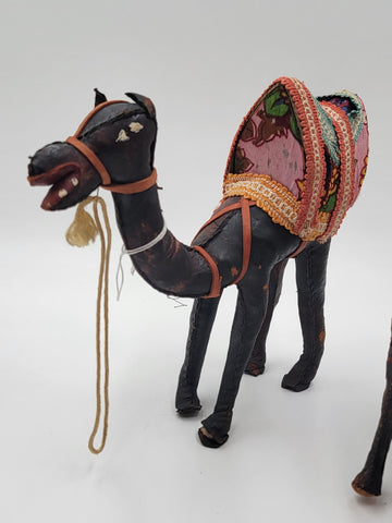 Rare Set Of 3 Antique Handmade Leather Camels W Saddles Nativity. Circa 1910.