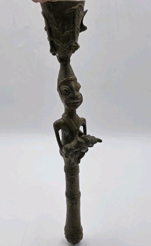 Vintage 1950's West African Bronze Ritual Staff Mother & Child Figural Sculpture