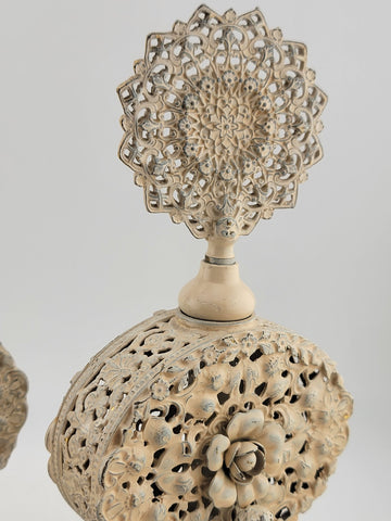 Antique Pair Of White & Gold Tone Metal Glass Hibiscus Filigree Perfume Decanter