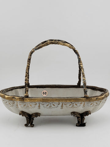 Ceramic & Brass, One (1) "Raku Crackle Glazed" Oblong Handled Bowl / Basket