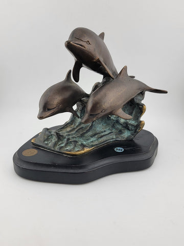 Vintage SPI Three Bronze Dolphin  Leaping Sculpture Figurine Signed  Marble Base