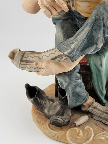 Capodimonte 10" Figurine Man Repairing Sock Vintage Matte Finish
