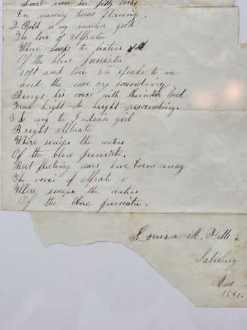 Rare OOAK 1847 Handwritten Poem “The Indian Girl” Signed Salisbury Massachusetts