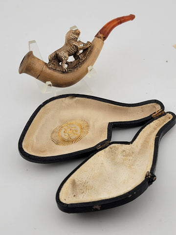 Antique 1920's French Dog Meerschaum & Amber Cigarette Holder W Original Case.