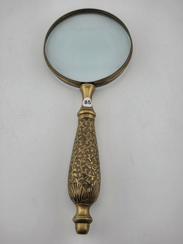 Vintage Mid Century Modern Brass Hand Held Magnify Glass W/ Ornate Handle.