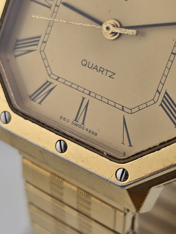 Vintage Longines 4898 Quartz Gold Plated Octagonal Watch Roman Dial Date Working
