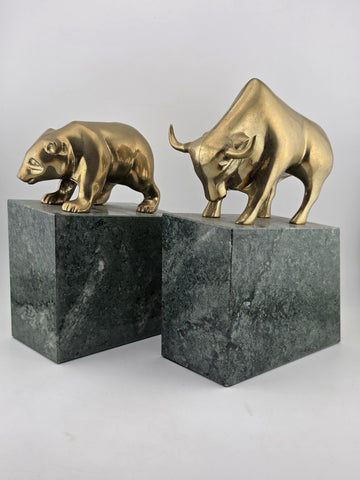 Book Ends Stock Market Bull & Bear MCM Brass and Marble Wall Street Bookends