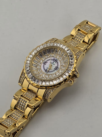 Croton Gold Tone Crystal Baguette Bezel Watch Mother of Pearl Dial Quartz. Works