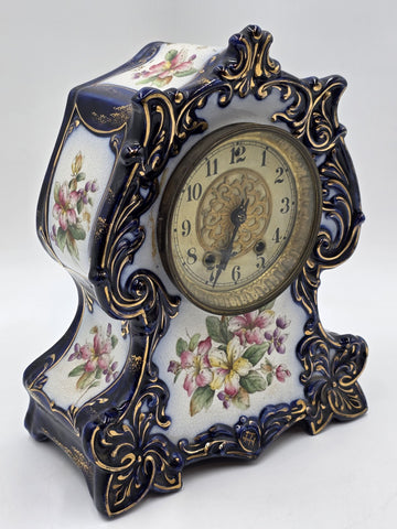 1889 WATERBURY Parlor No.98 Victorian Cobalt Blue Porcelain Ceramic Mantel Clock
