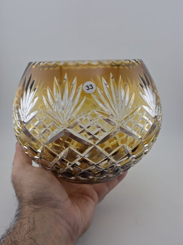XL AJKA ODESSA CAROLINE amber gold cased cut clear Hungarian crystal rose bowl
