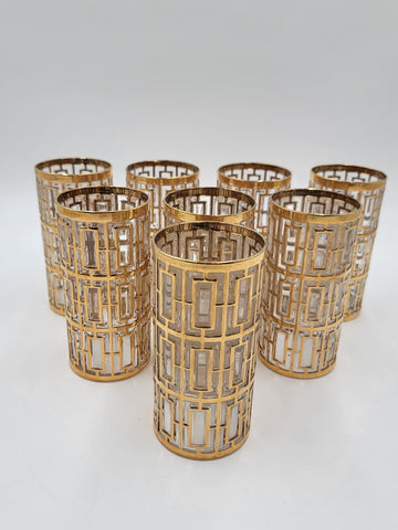 8 Vintage Mid Century Imperial Glass 22k Gold Shoji Trellis Highball Tumblers