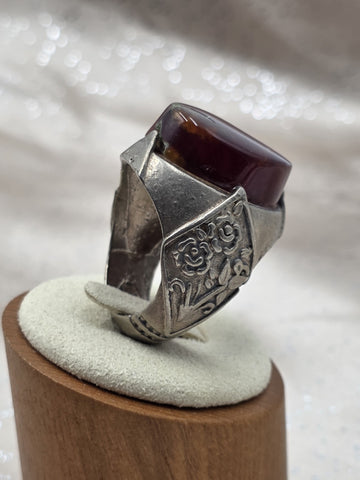 Antique Persian 925 Sterling Silver Dark Red Carnelian Agate Mens Ring Floral.