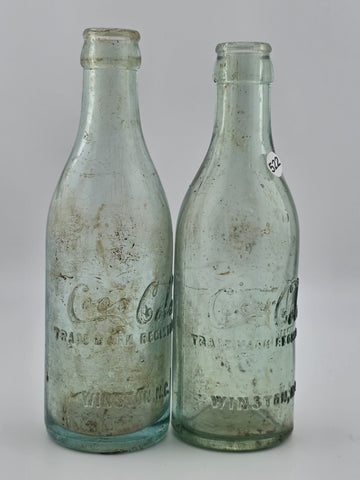 Rare Pair Antique 1900-1915 Embossed Coca-Cola Bottles Winston NC Aqua Glass