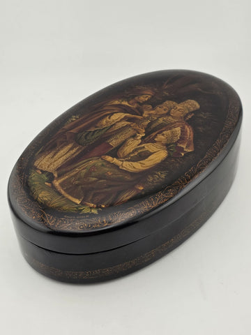 Vintage Russian Fedoskino Lacquer Box Hand Painted Signed Oval Folk Art Jewelry