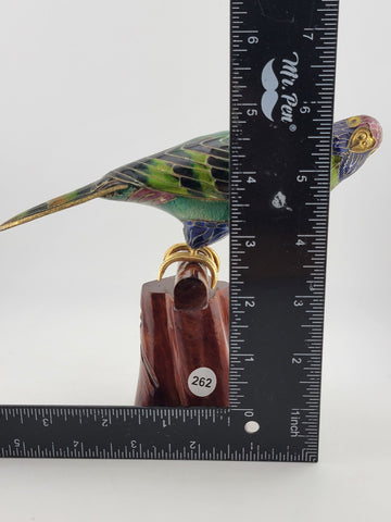 RARE BEAUTIFULLY COLORED CLOISONNE BIRD (PARAKEET) W WOODEN STAND. 7 Inch Wide.