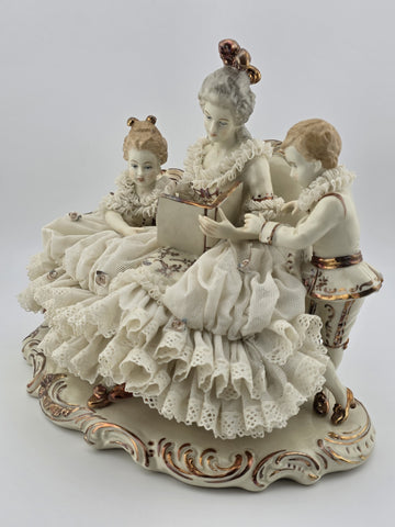 Large Dresden Art Germany Lace Porcelain Figurine Lady w Children W Sofa Reading
