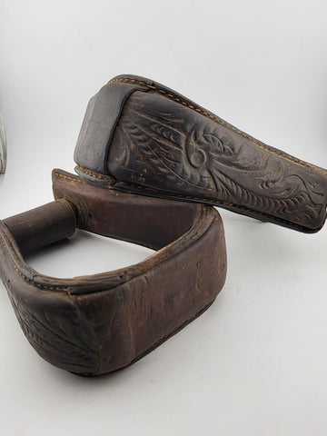 Antique Horse Western Stirrups Saddle Tack Floral Handmade Leather Covered Pair