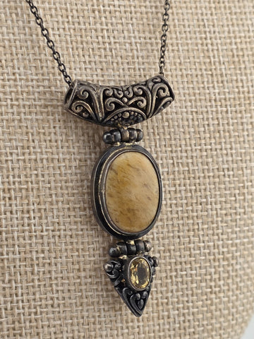 South America Artisan 925 Sterling Silver Jasper Citrine Hinged Pendant Necklace